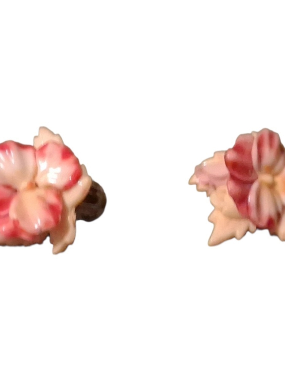 Vintage Carved Floral Celluloid Clip-On Earrings Peach Pink Flowers with Leaf